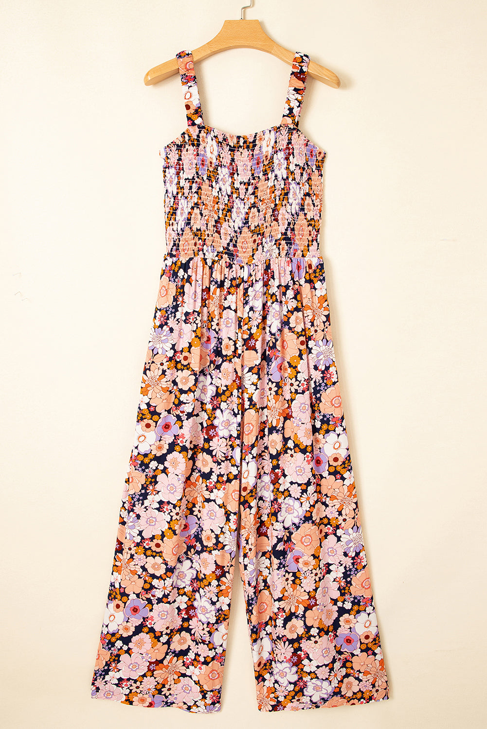 Purple Floral Print Smocked High Waist Square Neck Jumpsuit