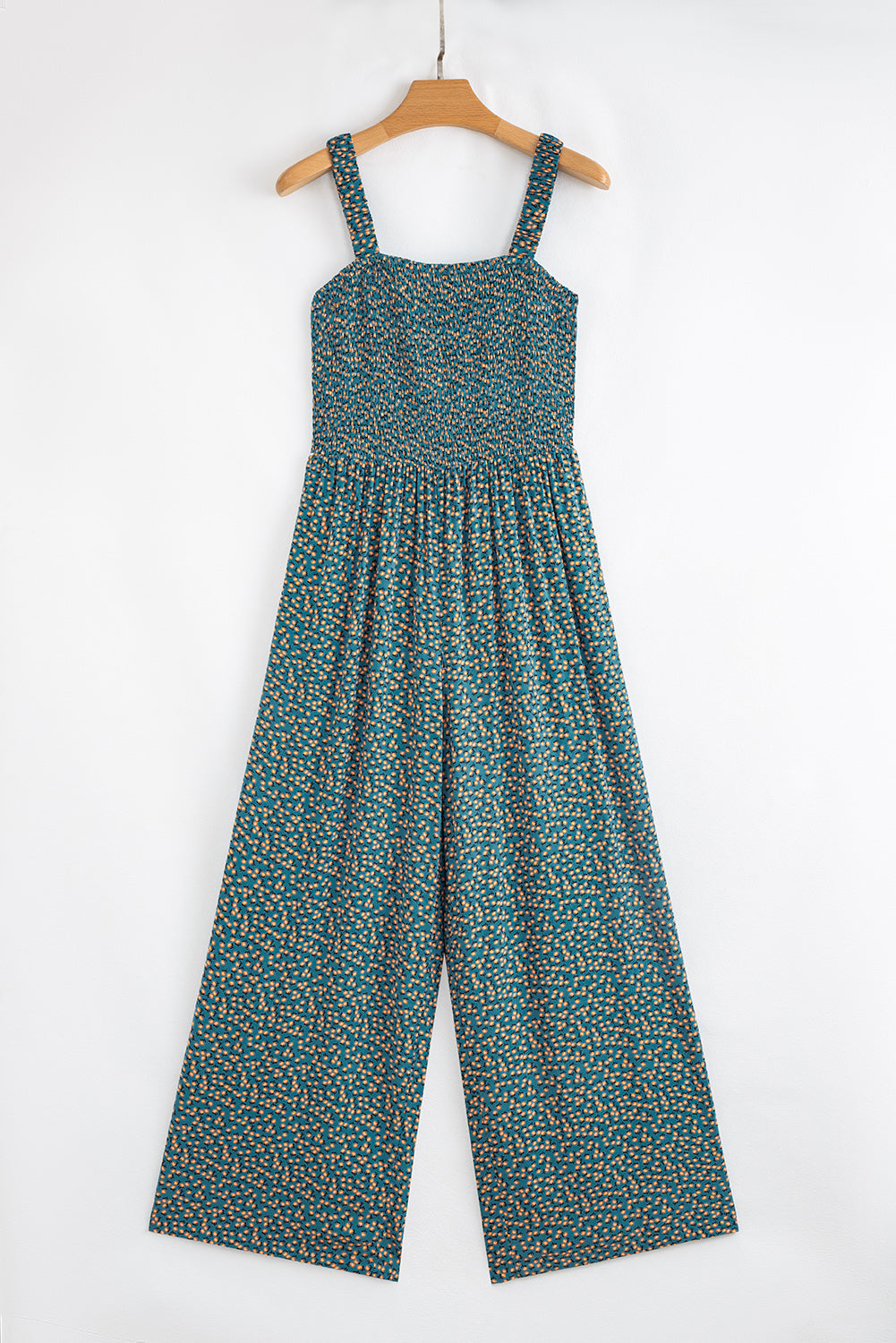 Purple Floral Print Smocked High Waist Square Neck Jumpsuit